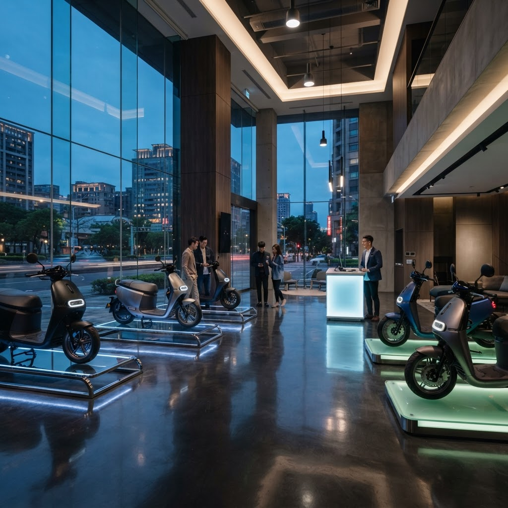 MH Motors EV premium showroom interior with electric scooters on display